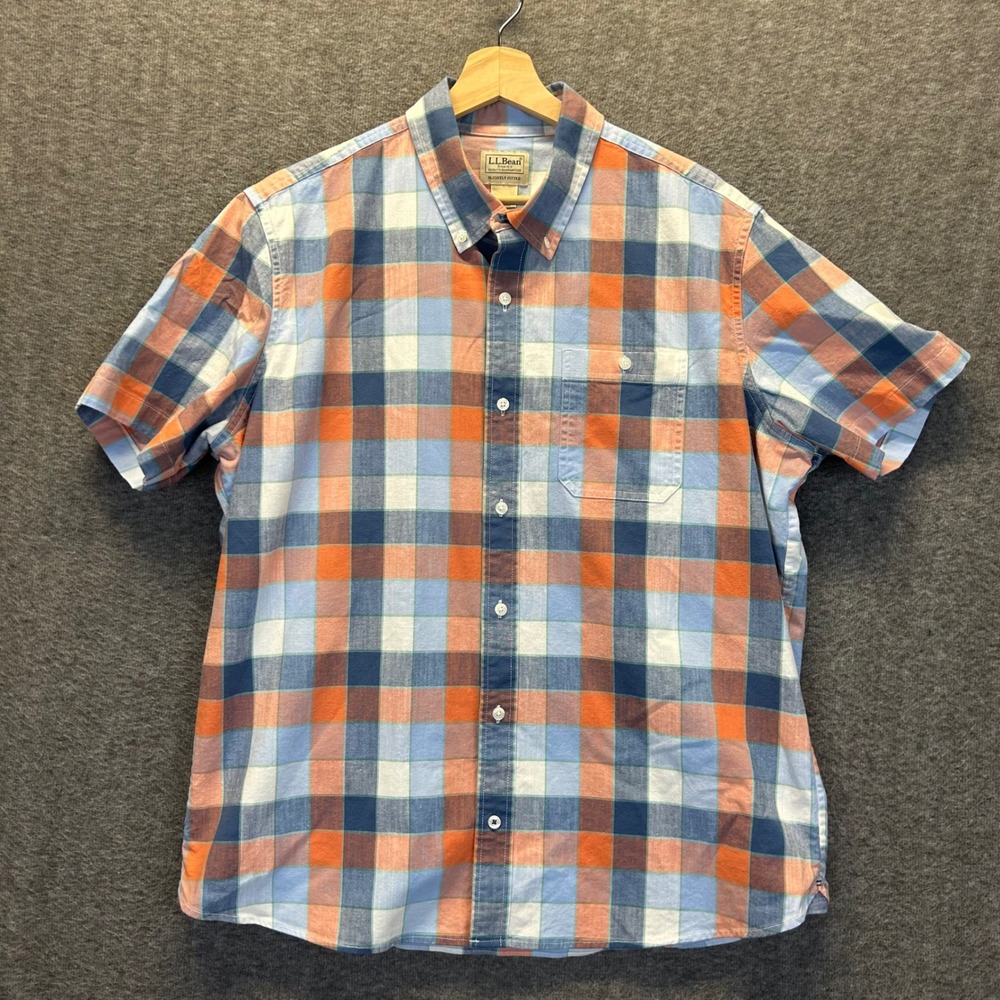 LL Bean Mens Large Slightly Fitted Short Sleeve Plaid Button Down Shirt 521691